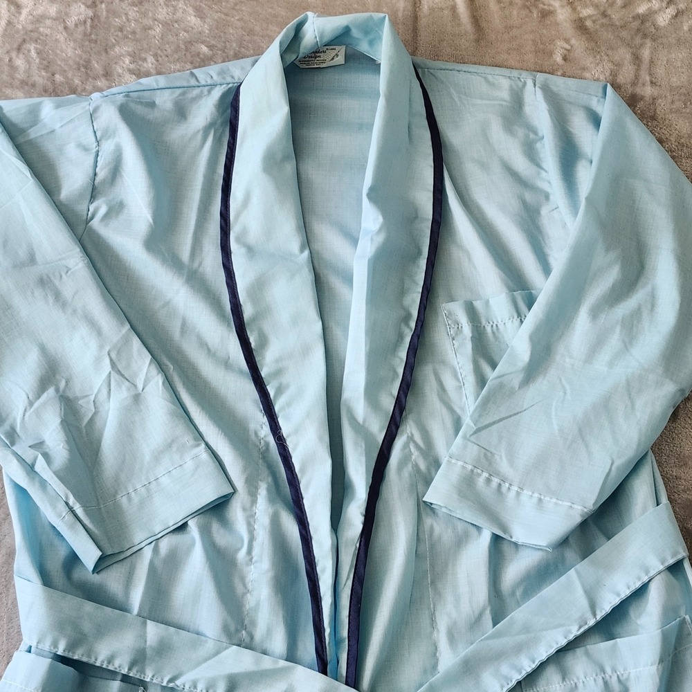 Vintage 1960s/70s Robe Baby Blue w/ Navy Stripe Pockets Men's XL Belt‎ Dad - Picture 2 of 13